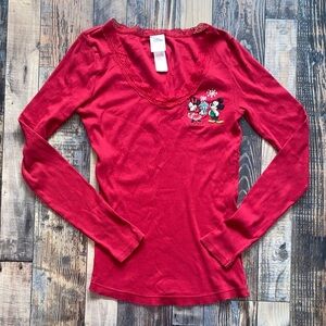Vintage Disney Red Long Sleeve Top with lace neck and Embroidered Characters